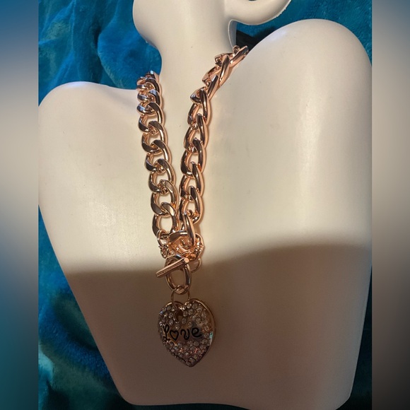 ELEGANT ROSE/GOLD 3PC CRYSTAL LOVE PUFF HEART NECKLACE BRACELET &EARRING 18Kg.p. - Picture 8 of 16